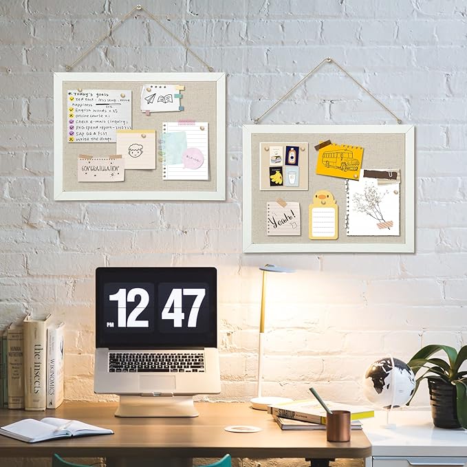 2-Pack Double-Sided Cork Board with Linen, 16" x 12" Hanging Wood Framed Bulletin Board, Picture Display Vision Board Kit Corkboards for Wall School Office Decor, 20 Pushpins (Vintage White)
