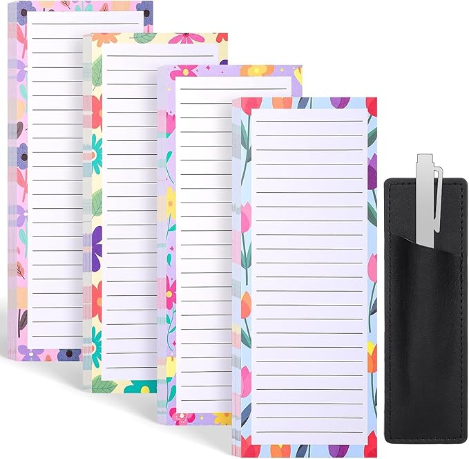 4 Pack Magnetic Note Pad for Fridge with Pen Holder, Totally 200 Sheets Grocery List Magnet Pad for Refrigerator Magnetic Shopping List Pad(Floral Design)