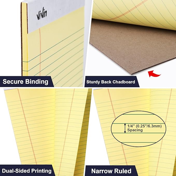 ViVin 5 x 8 Inch Legal Pads, 12 Pack, Narrow Ruled, 50 Sheets Per Writing Pad, Perforated Note Pads Ideal for Home, Office, Business, 600 Sheets (12 Pack of 50), Canary Yellow Paper