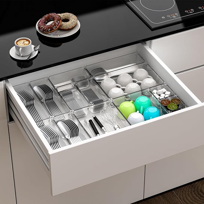 Utility Drawer Organizer Set of 13,With Non-Slip Silicone Pads, 5 Size Small Bins for Organization for Bathroom、Vanity、Nightstan、Kitchen、Office Desk Clear Plastic Organizing Containers for Drawers