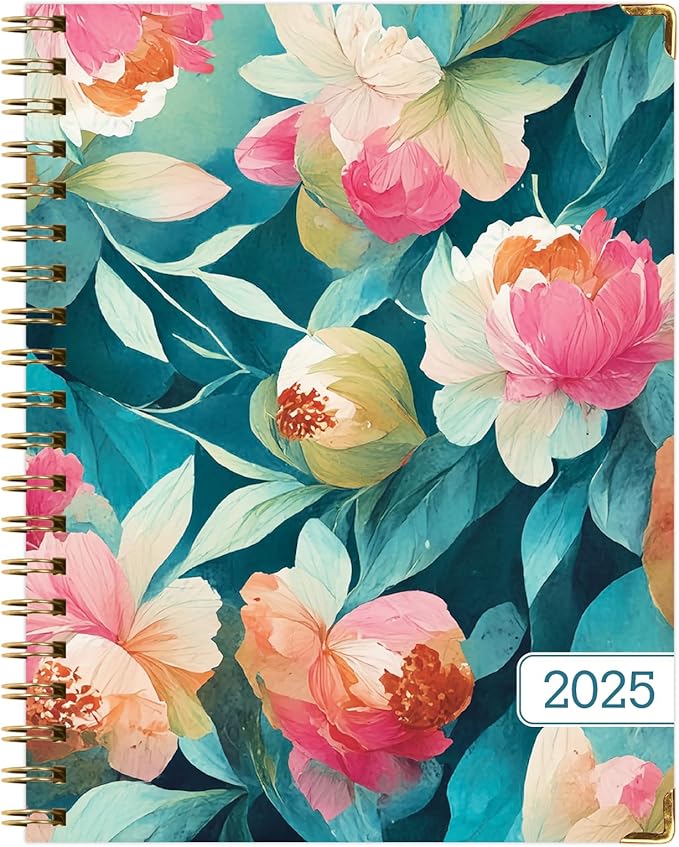 HARDCOVER 2025 Planner, 7"x9": 14 Months (November 2024 - December 2025), Daily Weekly Monthly Planner, Yearly Agenda, Bookmark, Pocket Folder and Sticky Note Set (Teal Floral)