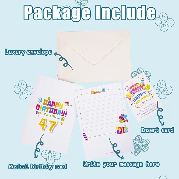 Gumry 47TH Musical Birthday PopUp Card, Blowable Colorful Light Candle 3D Cards with Song, Applause Cheers Sound, Greeting Cards Birthday Gifts Decorations for Women Men Turning 47 Years Old
