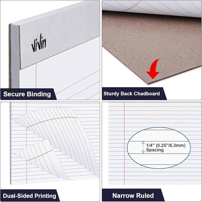 ViVin 5 x 8 Inch Note Pads, 12 Pack, Narrow Ruled, 50 Sheets Per Writing Pad, Perforated, Legal Pads Ideal for Home, Office, Business, 600 Sheets (12 Pack of 50),White Paper