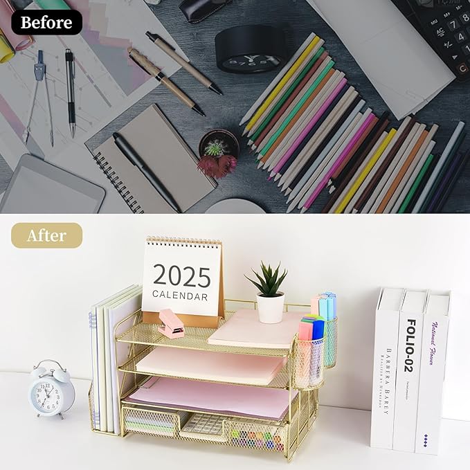 Gianotter Paper Letter Tray Organizer with File Holder, 4-Tier Desk Accessories & Workspace Organizer with Drawer and 2 Pen Holders