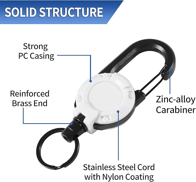 Heavy Duty Retractable Keychain,Multitool Carabiner Badge Holder,Tactical ID Badge Reel with 23.6” Steel Retractable Cord for Men and Women(Black and White Combo)