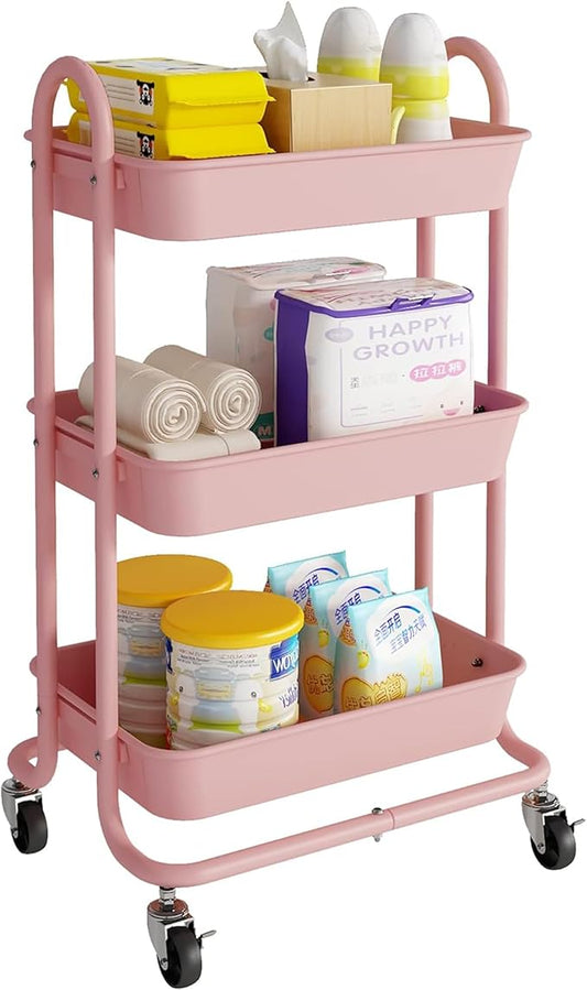 3-Tier Pink Utility Rolling Cart,Kitchen Storage Carts with Wheels,Pink Metal Rolling Cart for Office,Home,Kitchen,Garden(18"x11.4"x31.2") Pink