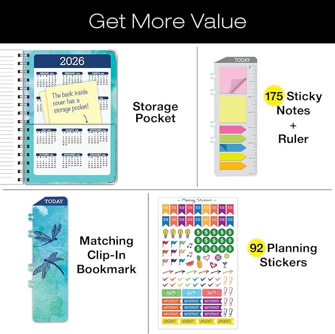 HARDCOVER 2025 Planner, 5.5"x8": 14 Months (November 2024 - December 2025), Daily Weekly Monthly Planner, Yearly Agenda, Bookmark, Pocket Folder and Sticky Note Set (Dragonflies)