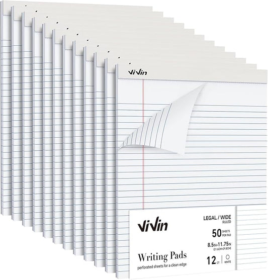 ViVin Legal Pads 8.5 x 11 Inch, Wide Ruled Note Pads, 12 Pack, 50 Sheet/Pad, Perforated Writing Pads, Notepads for Office Home School, 600 Sheets (12 Pack of 50), White Paper