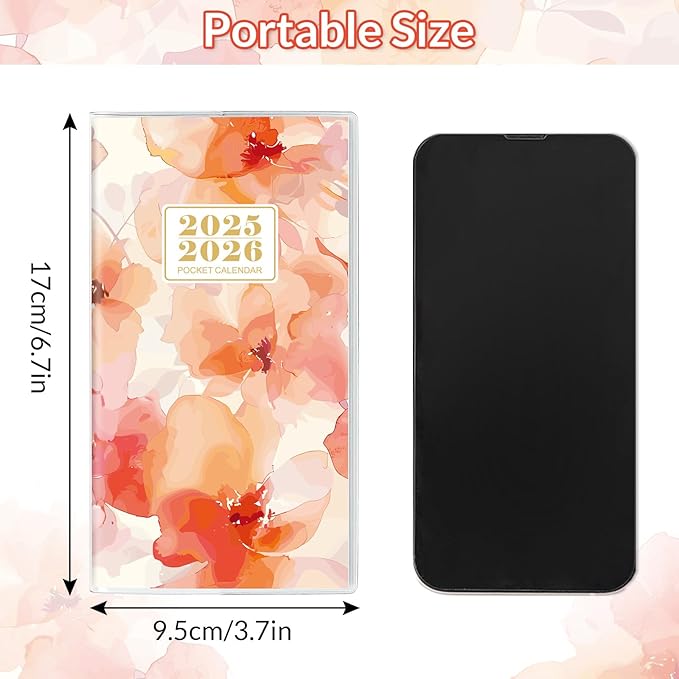 Pocket Calendar 2025-2026, Floral Monthly Planner 2025-2026 - 3.7" x 6.7" - Runs from January 2025 Until December 2026, 2025 Pocket Planner with PVC Cover for Planning