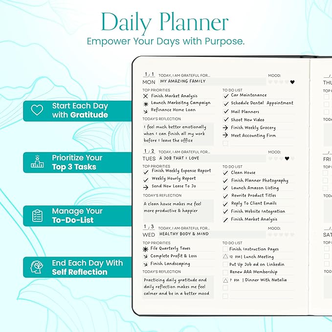 2025 Planner, Daily Journal & Gratitude Journal All-In-One with To Do List, Self Care Prompts & Habit Tracker - 5.8 x 8.3 - Teal
