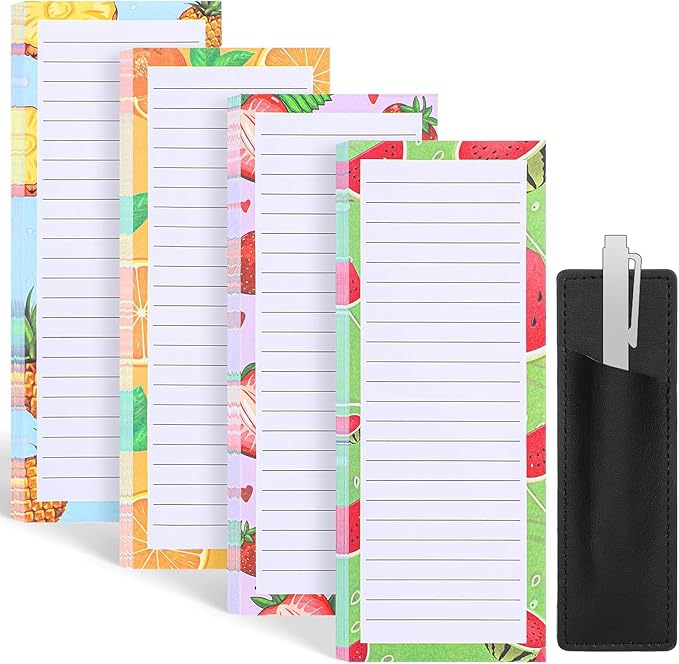 4 Pack Magnetic Note Pad for Fridge with Pen Holder, Totally 200 Sheets Grocery List Magnet Pad for Refrigerator Magnetic Shopping List Pad(Fruit Design)