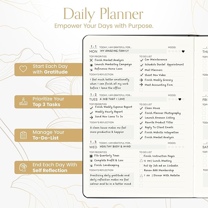 2025 Planner, Daily Journal & Gratitude Journal All-In-One with To Do List, Self Care Prompts & Habit Tracker - 7 x 10 - Evening