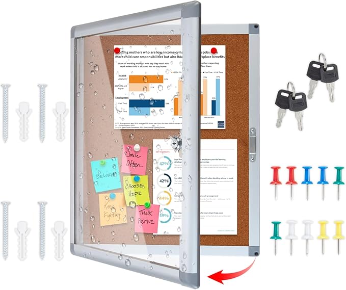 Outdoor Enclosed Cork Bulletin Board Tamper-Proof Dispaly Case, Aluminium Frame, Weatherproof Cork Noticeboard, Enclosed Cork Board for School, Office, Restaurant, Hospital etc(20 * 16inches)