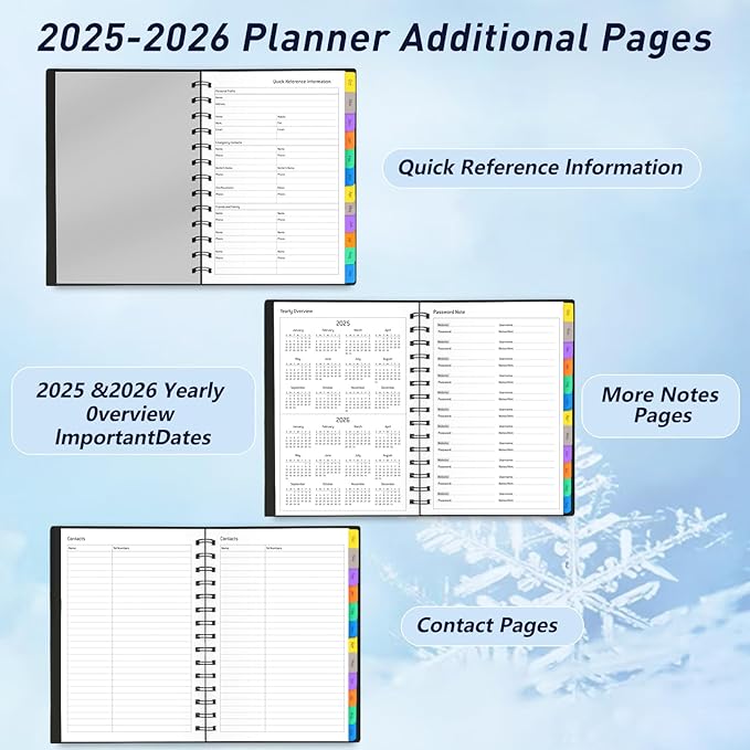 Daily Planner 2025-2026 - 18 Month Planner with Tabs, Calendar Yearly Monthly Weekly Spiral Time Management Planner, January 2025 - June 2026, Flexible Cover, 100GSM Thick Paper, A5 Size, Black