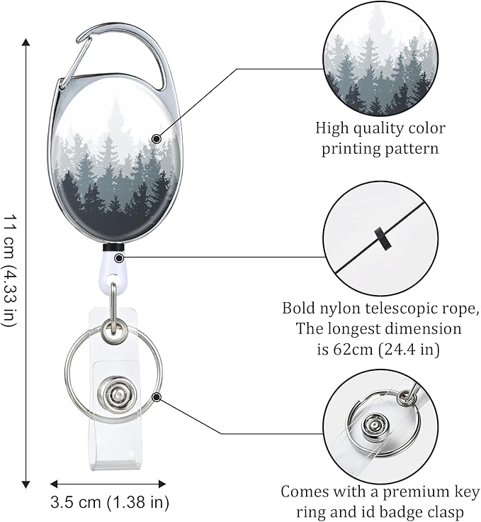 Badge Reels Retractable,Double Sided Color Print Pattern Retractable Badge Holders,with Retractable Keychain, Badge Clip and Key Ring,Durable Nylon Retractable Rope,Forest