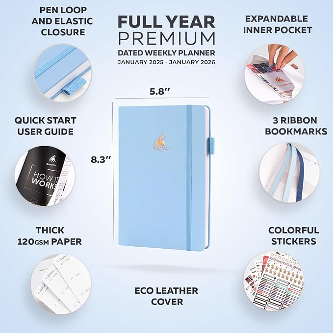 Clever Fox Dated Planner Premium Edition – 2025-2026 Weekly Planner for Planning, Goal Setting & Time Management – Planner Notebook with Habit Tracker & to-do List – A5 Size (Light Blue)