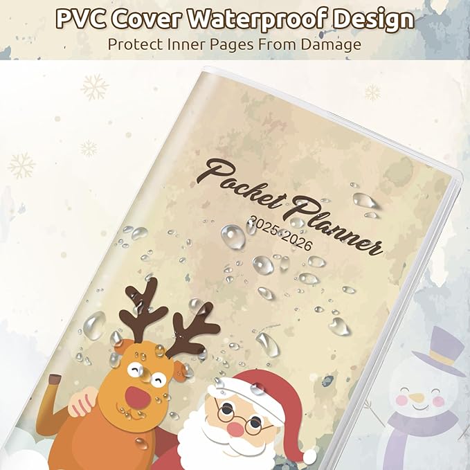 Christmas Pocket Calendar 2025-2026, 2025 Monthly Planner - 3.7" x 6.7" - Runs from January 2025 until December 2026, 2025 Pocket Planner with PVC Cover for Planning, Beige