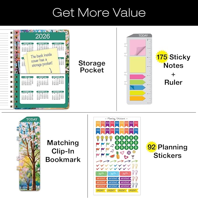HARDCOVER 2025 Planner, 5.5"x8": 14 Months (November 2024 - December 2025), Daily Weekly Monthly Planner, Yearly Agenda, Bookmark, Pocket Folder and Sticky Note Set (Watercolor Tree)