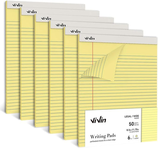 ViVin Legal Pads 8.5 x 11 Inch, Wide Ruled Note Pads, 6 Pack, 50 Sheet/Pad, Notepads for Office Home School, 300 Sheets, Perforated Writing Pads, Canary Yellow Paper