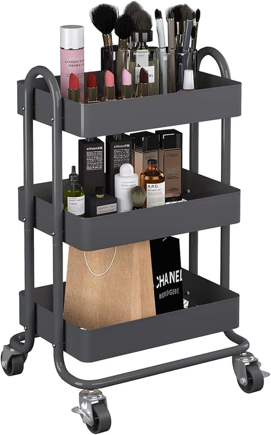 3-Tier Rolling Metal Storage Organizer,Mobile Utility Cart,Kitchen Storage Carts with Caster Wheels,Rolling Utility Cart Suitable for Office,Home,Kitchen,Garden(13.4"x18.1"x31") Dark Grey