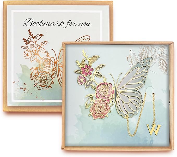 Metal Butterfly Bookmark for Women Cute Book Lovers Gift Butterfly Bookmarks Inital Book Mark Gifts for Reading Women Friend Teacher Appreciation Gifts Mom Birthday Valentines Day Christmas Gift, W