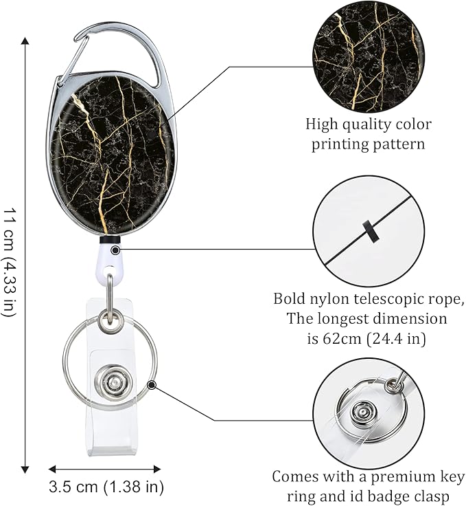 Badge Reels Retractable,Double Sided Color Print Pattern Retractable Badge Holders,with Retractable Keychain, Badge Clip and Key Ring,Durable Nylon Retractable Rope,Black Marble