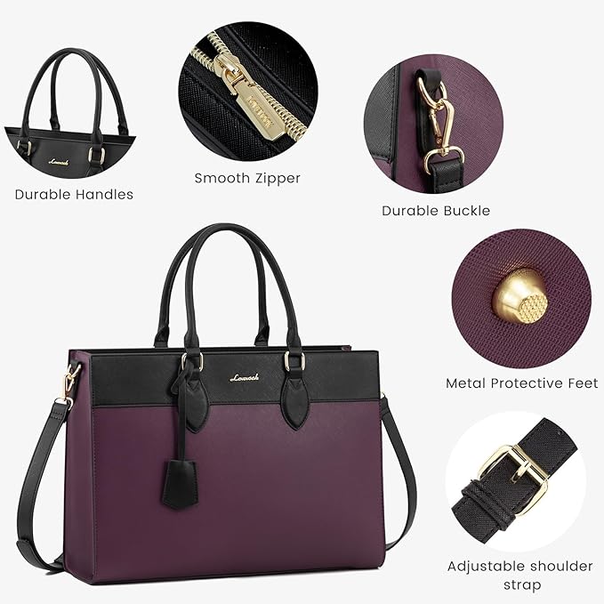 LOVEVOOK Laptop Bag for Women, 17.3 inch Laptop Tote Work Bag Purse, Large Waterproof Leather Computer Briefcase for Office, Purple-Black