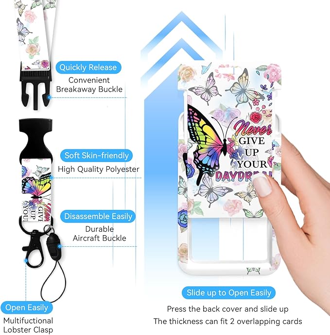 Butterfly flowerBadge Holder with Retractable Reel and Breakaway Lanyard,Badge Clips Retractable Heavy Duty Badge Reel,Funny Keychain,ID Holder with Breakaway Lanyard for School Nurse Office Teen