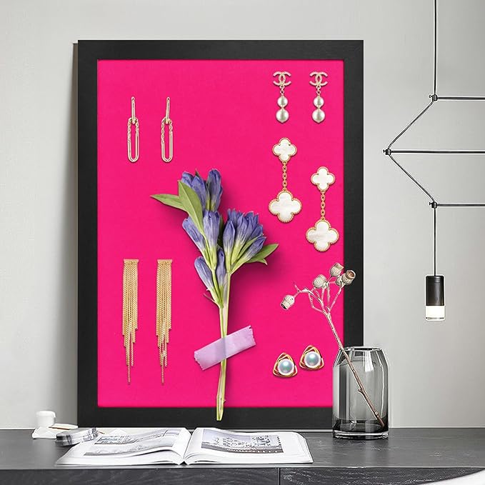Pink Bulletin Boards Cork Board with Felt, 17"x13" Small Display Pin Board Vision Board for Walls, Jewelry, Notes, Collection, Photos, Office, Wood Framed(Black) & Felt(Pink), 1pc