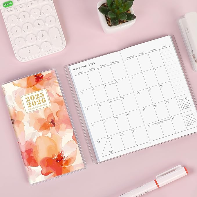 Pocket Calendar 2025-2026, Floral Monthly Planner 2025-2026 - 3.7" x 6.7" - Runs from January 2025 Until December 2026, 2025 Pocket Planner with PVC Cover for Planning