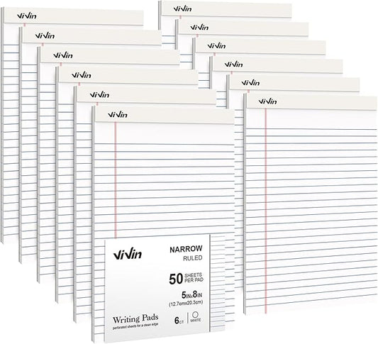 ViVin 5 x 8 Inch Note Pads, 12 Pack, Narrow Ruled, 50 Sheets Per Writing Pad, Perforated, Legal Pads Ideal for Home, Office, Business, 600 Sheets (12 Pack of 50),White Paper