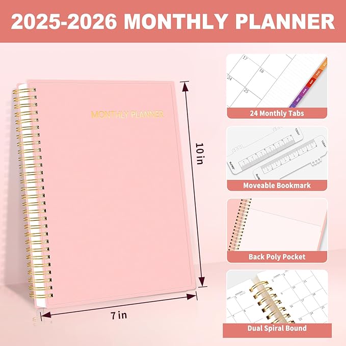 SUNEE 2025-2026 Monthly Planner - 24 Months (Jan 2025 - Dec 2026) Monthly Planner - 7"x10" Monthly Spreads & Yearly Planner, Pink