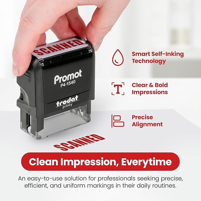 Promot Scanned Self Inking Rubber Stamp - Refillable Scanned Stamper - Business, Bookkeeping, Ordering, Accounting, Work, Office Stamps - Red Ink
