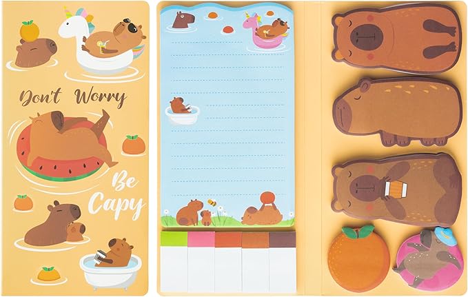 B1ykin Sticky Notes Set - Cartoon Theme Cute Self-Stick Notes Pad Teacher Appreciation Gifts, Self-Adhesive Writing Memo Pages Sticky to Do Notepad for Kids Employee School Office (Capybara)