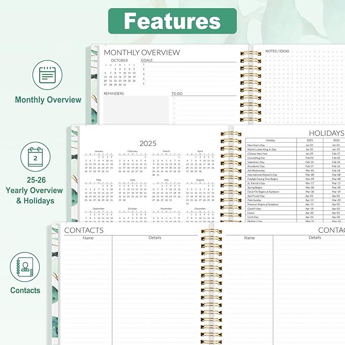 SUNEE 2-Year Monthly Planner 2025-2026 (Jan 2025 - Dec 2026) 7"x10" Monthly Spreads & Yearly Planner, Greenery