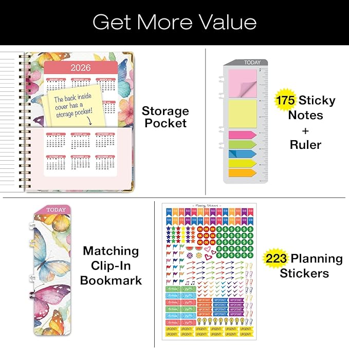 HARDCOVER 2025 Planner, 8.5"x11": 14 Months (November 2024 - December 2025), Daily Weekly Monthly Planner, Yearly Agenda, Bookmark, Pocket Folder and Sticky Note Set (Watercolor Butterflies)