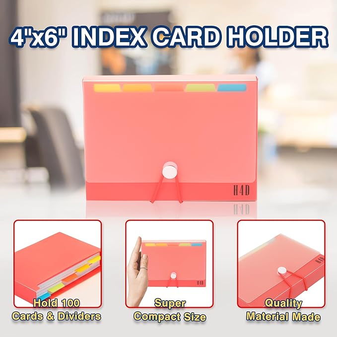 H4D 4x6 Index Card Case with 100 Heavyweight Ruled Index Cards and Dividers, Red