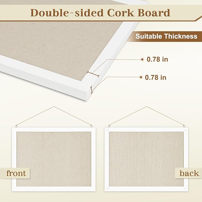 2-Pack Double-Sided Cork Board with Linen, 16" x 12" Hanging Wood Framed Bulletin Board, Picture Display Vision Board Kit Corkboards for Wall School Office Decor, 20 Pushpins (Vintage White)