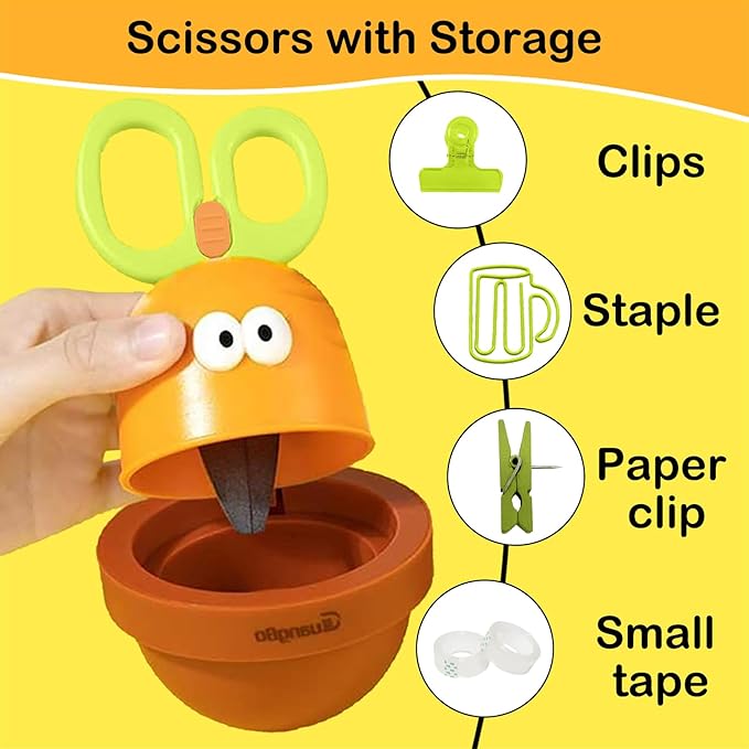 Dravilloy4.73" Carrot-Shaped Safety Scissors with Storage,Office ,Home Scissors for Arts and Crafts,Blunt tip Scissors for Kids. Craft Plastic Scissors for Preschool Supplies and Scrapbooking Supplies
