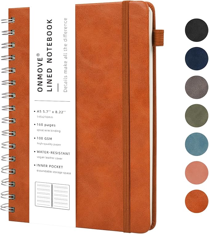 Lined Spiral Notebook Journal for Women Men 160 Pages A5 College Ruled Hardcover Leather with Pen Holder Notebook Journals for Note Taking Work Brown