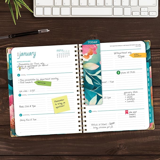 HARDCOVER 2025 Planner, 7"x9": 14 Months (November 2024 - December 2025), Daily Weekly Monthly Planner, Yearly Agenda, Bookmark, Pocket Folder and Sticky Note Set (Teal Floral)