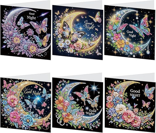 6 Pcs 5D Rhinestone Painting Greeting Cards Kits, Handmade Festival Greeting Cards with Envelopes Holographic Shimmer Design DIY Diamond Art Crafts Birthday Cards for Adults (Butterfly Moon)
