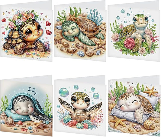 6 pcs Diamond Art Painting Greeting Card Kits, Animal Cute Turtle Design Irregular Shapes Diamond Art Fine Glitter Greeting Cards with Envelopes, Clay Glue, Pen, and Bead Bag for Creative Gifts