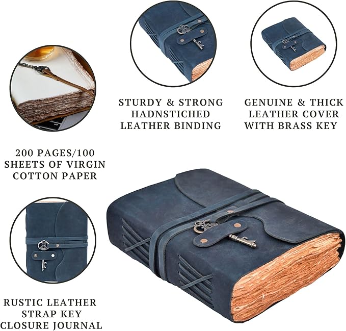 LEATHER VILLAGE Vintage Leather Journal – 200 Handmade Vintage Deckle Edge Paper – Leather bound Journal For Women Men – Vintage Key Closure - Book of Shadows - Blue - 10X7 inches