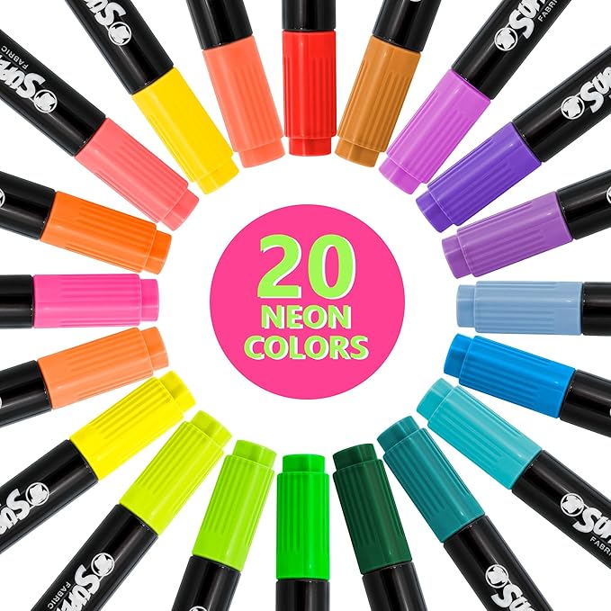 Super Markers 20 Unique Neon Colors Dual Tip Fabric & T-Shirt Marker Set - Double-Ended Fabric Markers with Chisel Point and Fine Point Tips - Ultra-Bright, Vibrant Bold Permanent Ink Colors, Clothing