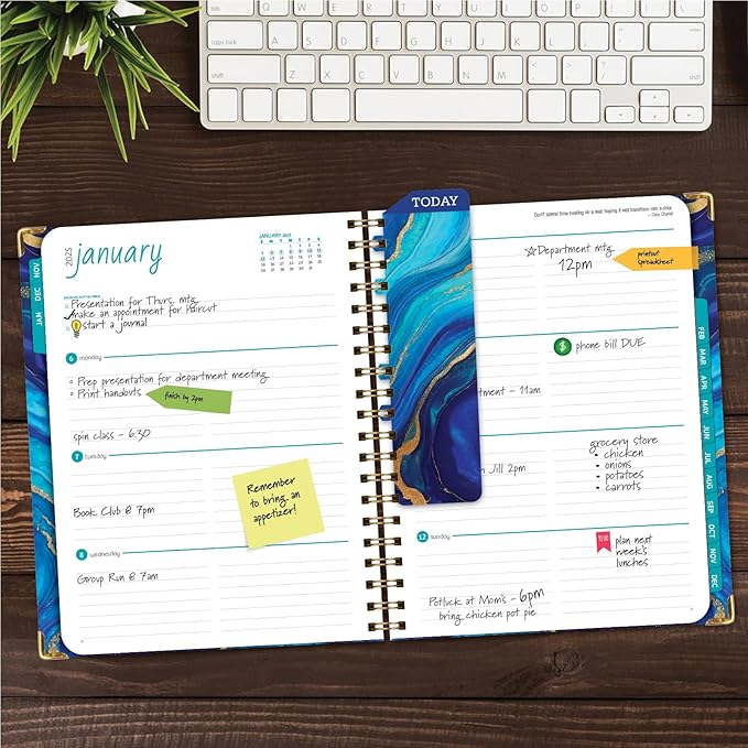 HARDCOVER 2025 Planner, 8.5"x11": 14 Months (November 2024 - December 2025), Daily Weekly Monthly Planner, Yearly Agenda, Bookmark, Pocket Folder and Sticky Note Set (Dark Blue Marble)