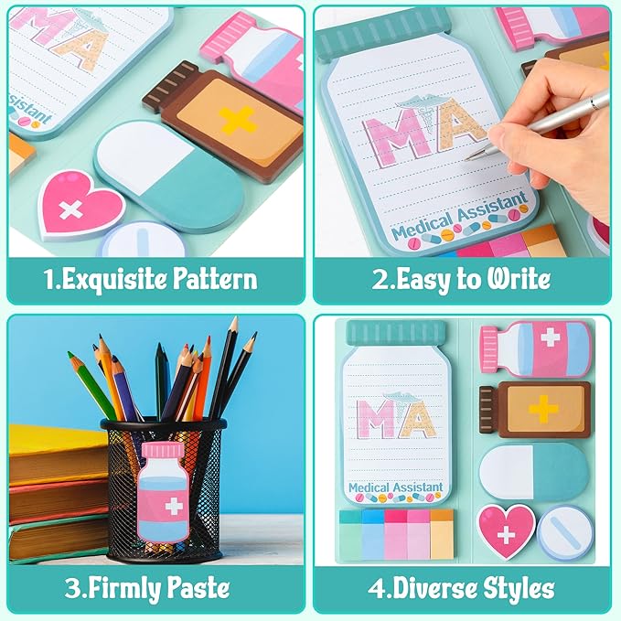 B1ykin Sticky Notes Set - Cartoon Theme Cute Self-Stick Notes Pad Teacher Appreciation Gifts, Self-Adhesive Writing Memo Pages Sticky to Do Notepad for Kids Employee School Office (Medical Assistant)