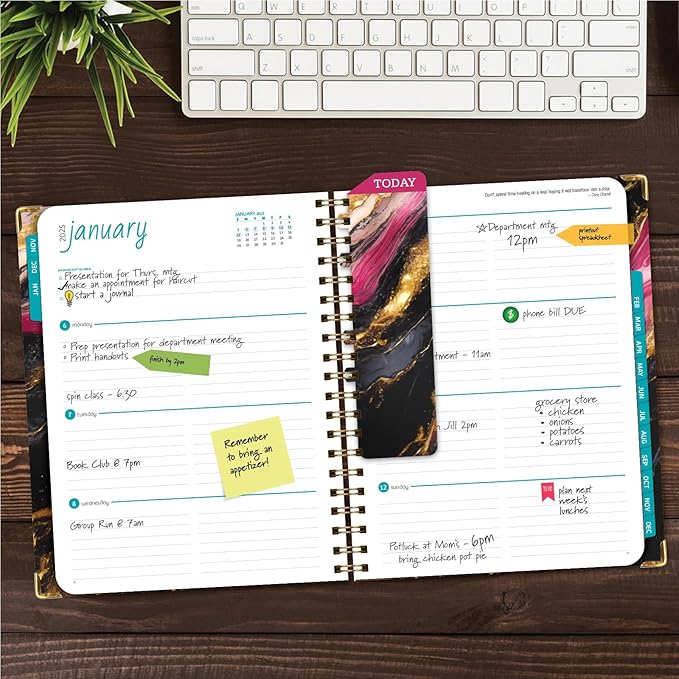 HARDCOVER 2025 Planner, 8.5"x11": 14 Months (November 2024 - December 2025), Daily Weekly Monthly Planner, Yearly Agenda, Bookmark, Pocket Folder and Sticky Note Set (Dark Gold Marble)