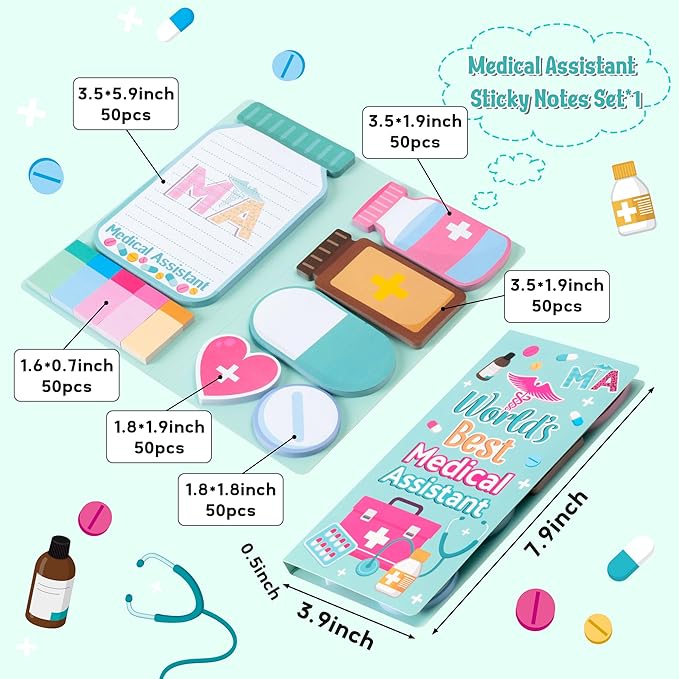 B1ykin Sticky Notes Set - Cartoon Theme Cute Self-Stick Notes Pad Teacher Appreciation Gifts, Self-Adhesive Writing Memo Pages Sticky to Do Notepad for Kids Employee School Office (Medical Assistant)