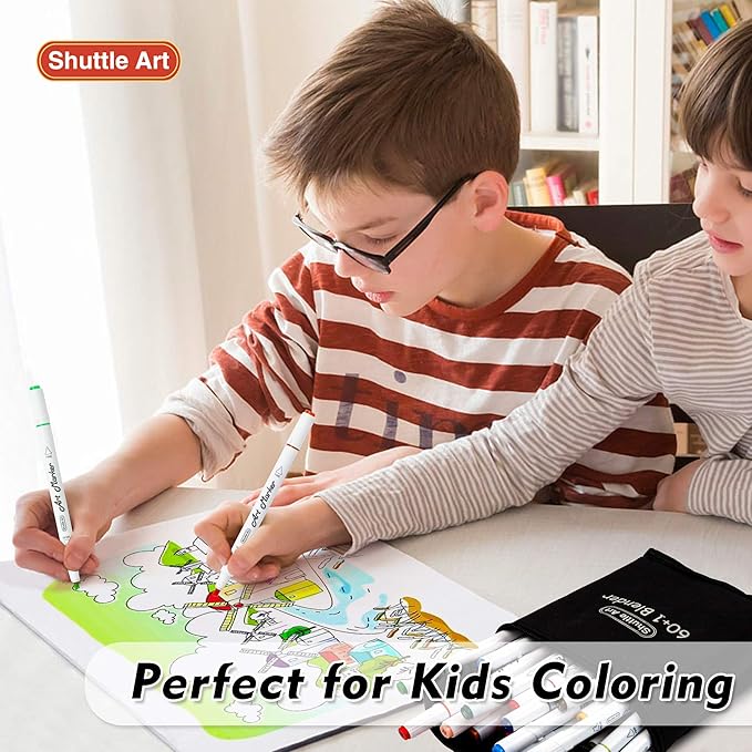 Shuttle Art 61 Colors Dual Tip Art Markers, 60 Colors plus 1 Blender Alcohol Based Permanent Marker Pens Highlighters with Case Perfect for Illustration Adult Coloring Sketching and Card Making